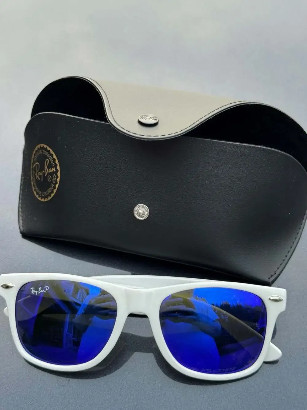 Ray-Ban Polarized Wayfarer Sunglasses in White Frame with Blue Mirror Lenses